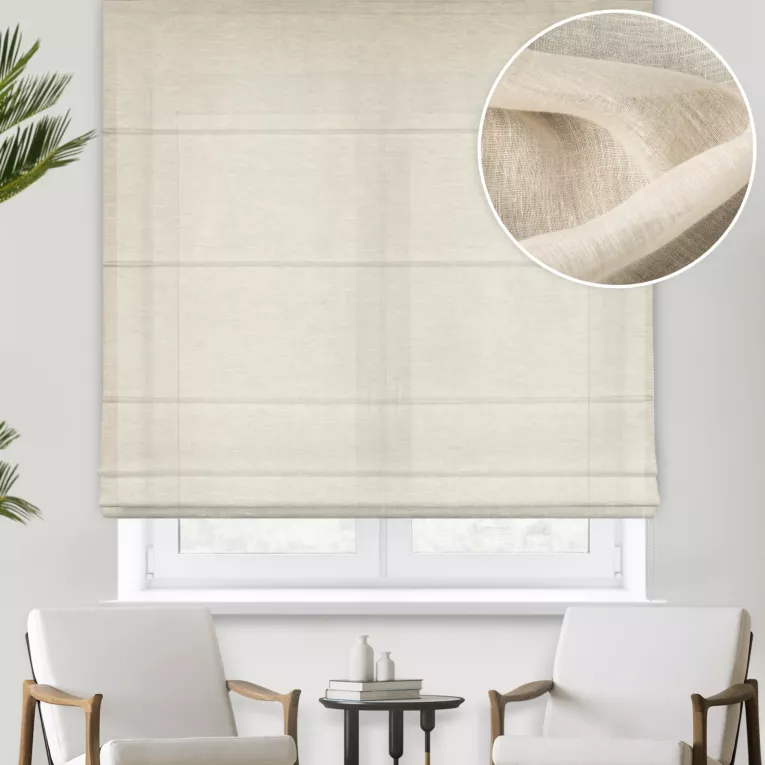 Roleta rzymska beżowa wykonana z naturalnej lnianej tkaniny, matowa, wykończona obciążnikiem