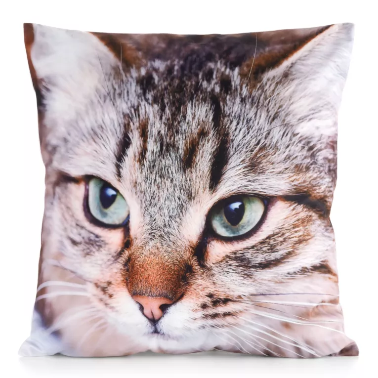 Poszewka na poduszkę 45x45 cm welwetowa zdobiona nadrukiem uroczego kota biało, brązowa ANIMAL Eurofirany