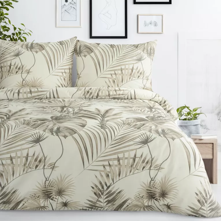 Pościel 140x200 cm bawełniana kolor beżowy, stalowy z wzorem egzotycznych liści NINA Eurofirany