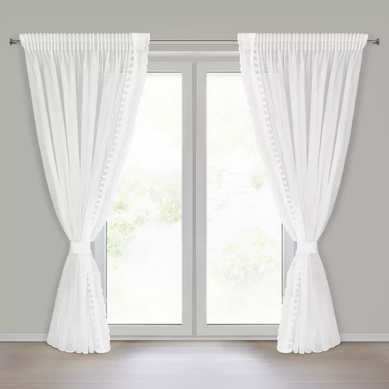 Komplet białych firan 2 szt zdobionych koronką z perełkami, troczek w zestawie 140x270 cm taśma LARISA Eurofirany