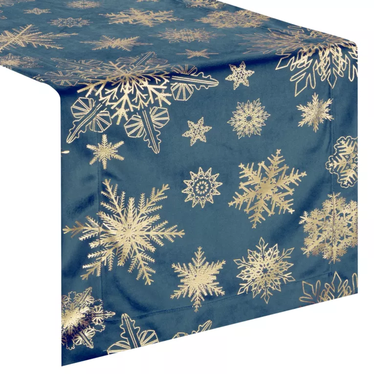 Bieżnik świąteczny na stół 45x45 cm granatowo, szampański welwetowy zdobiony śnieżynkami JOY 2 Eurofirany
