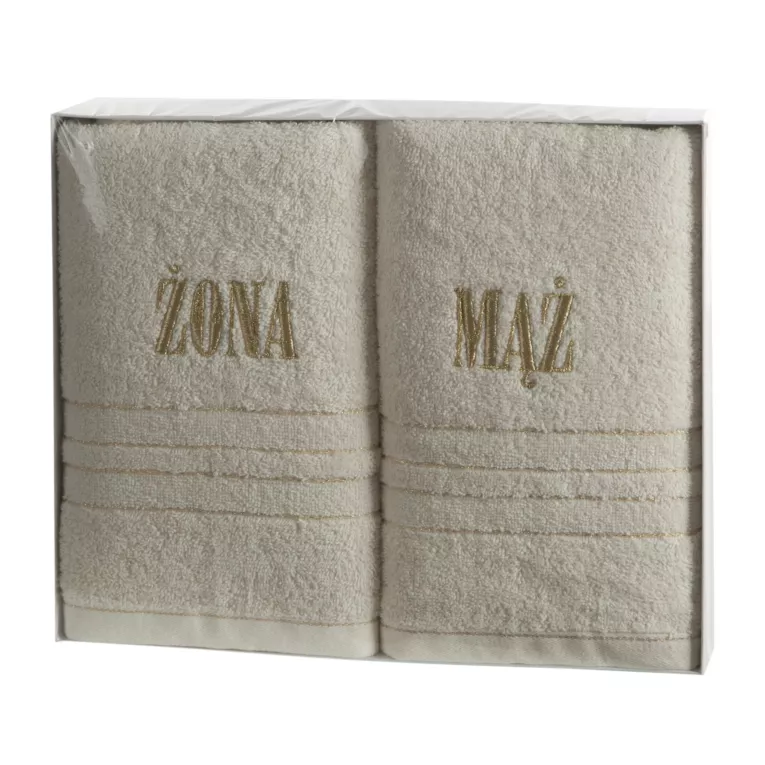 Zestaw ręczników bawełnianych na prezent 2 szt 50x90 cm kolor kremowy z subtelnym haftem ŻONA MĄŻ Eurofirany