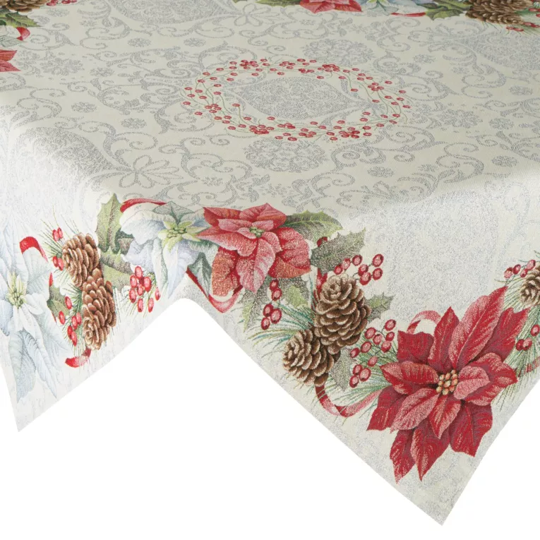 Obrus 100x100 cm srebrzysto, czerwony gobelinowy z motywem świątecznym, przetykany srebrną nicią