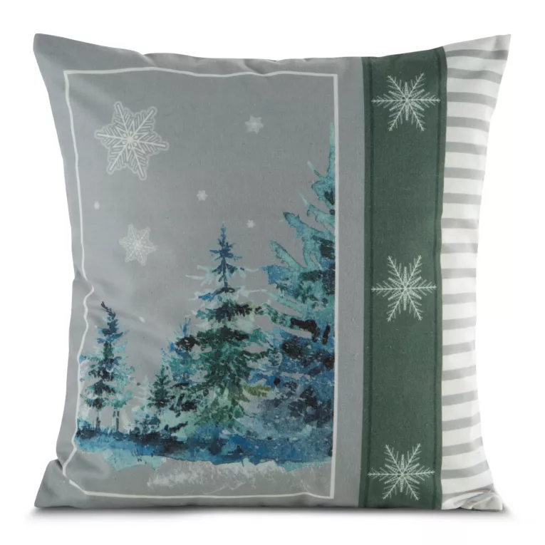 Poszewka na poduszkę 45x45 cm z świątecznym nadrukiem jasnoszaro, zielona FOREST Eurofirany