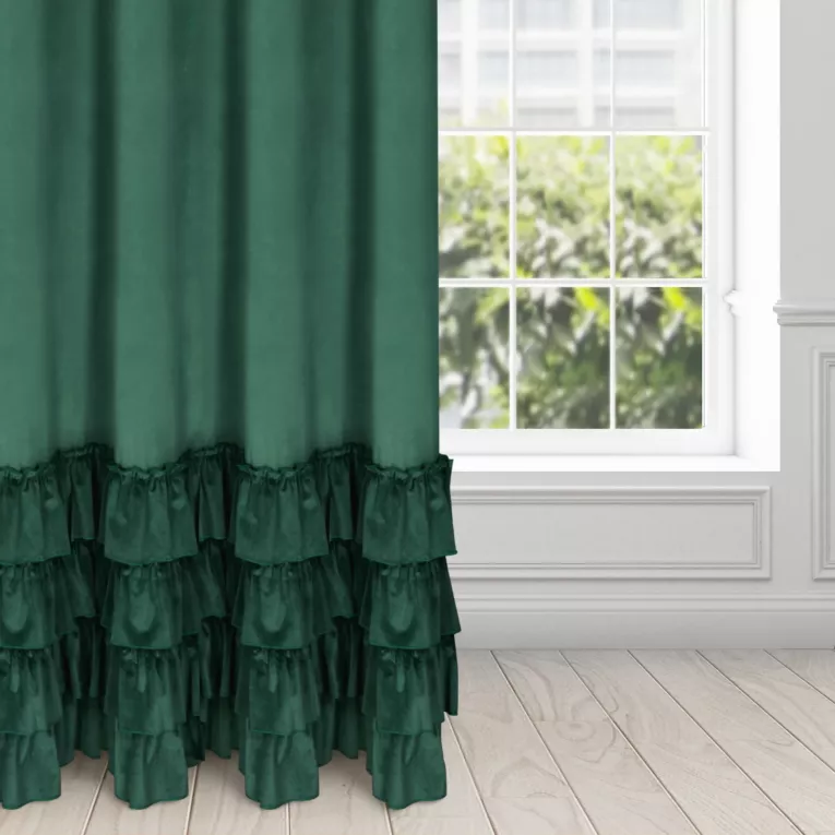 Zasłona ciemnozielona z welwetu zdobiona falbanami 140x250 przelotka CHARLOTTE 1 Eurofirany