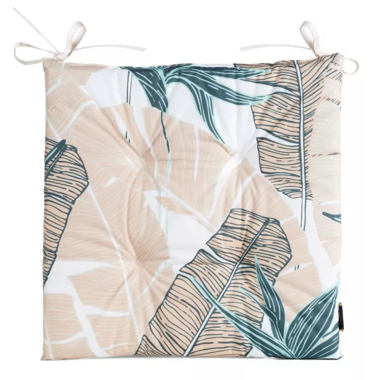 Poduszka na krzesło 43 x 43 x 4 cm wodoodporna turkusowo, beżowa zdobione motywem liści bananowca GARDEN Eurofirany
