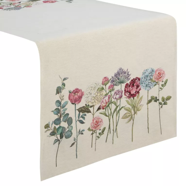 Bieżnik na stół naturalno, ciemnoróżowy 50x110 cm gobelinowy z nadrukiem letnich kwiatów