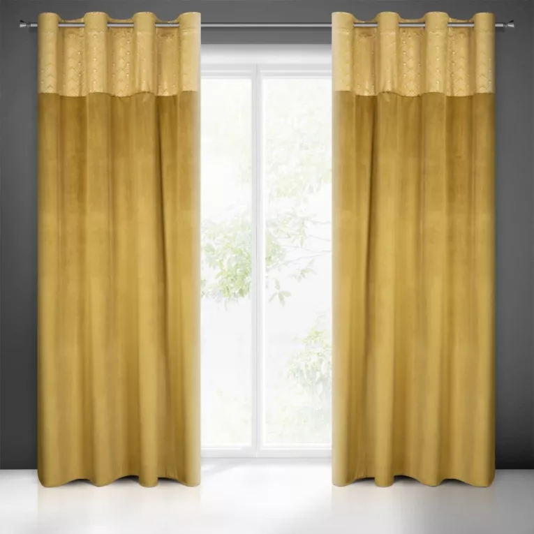 Zasłona miodowa ze złotym wzorem z błyszczącego welwetu 140x250 przelotka ELEN Eurofirany