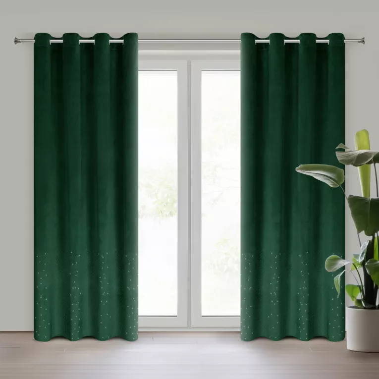 Zasłona ciemnozielona z kryształkami i welwetowej tkaniny 140x250 cm przelotka ARIADNA Eurofirany