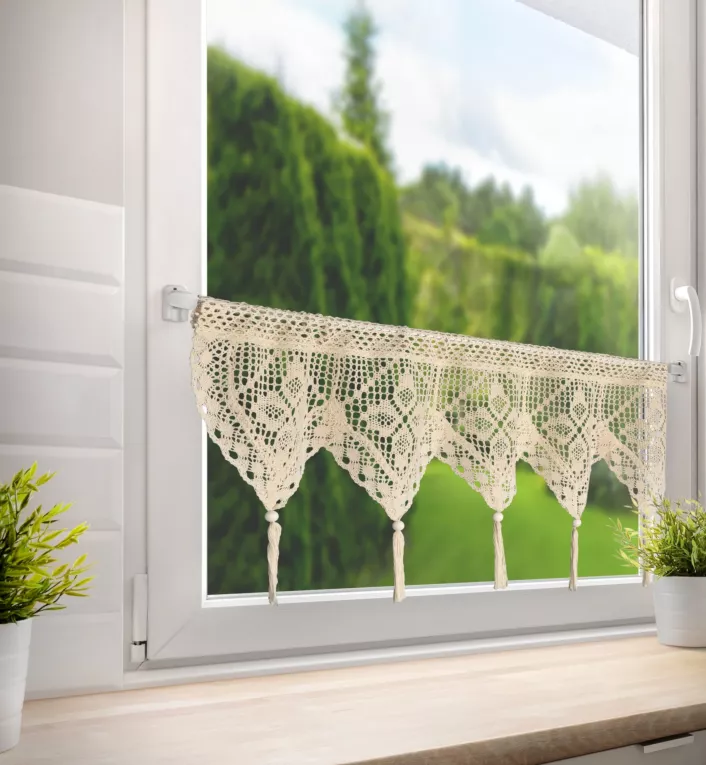 Zazdrostka jasnobeżowa ażurowa  w stylu eko z dekoracyjnymi chwostami 150x30 cm tunel MARTHA Eurofirany