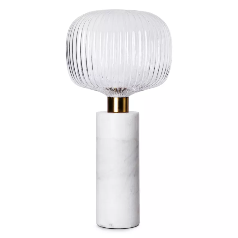 Lampa stołowa do salonu biało, złota LUKA o marmurowej podstawie i szklanym tłoczonym kloszem Eurofirany
