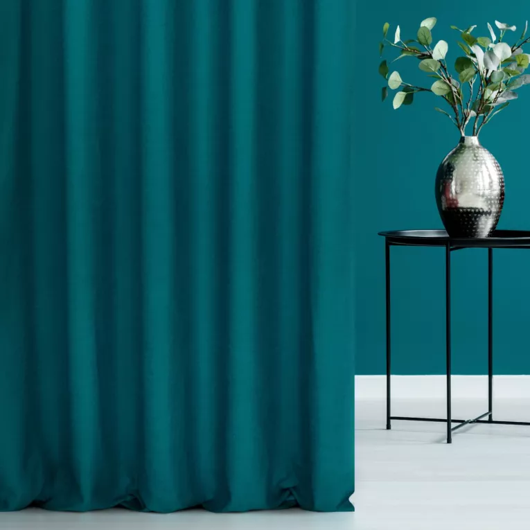 Zasłona szyta na taśmie fala turkusowa o naturalnym, gęstym splocie w stylu eko