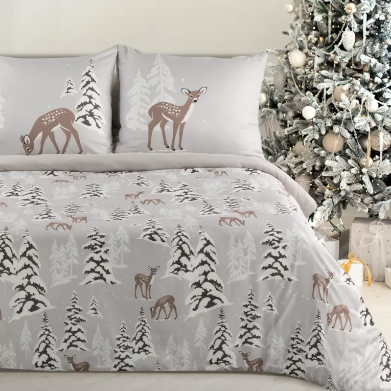 Pościel świąteczna 220x200 cm z mikrowłókna kolor beżowy, jasnoszary z motywem zimowego lasu MALMO Eurofirany