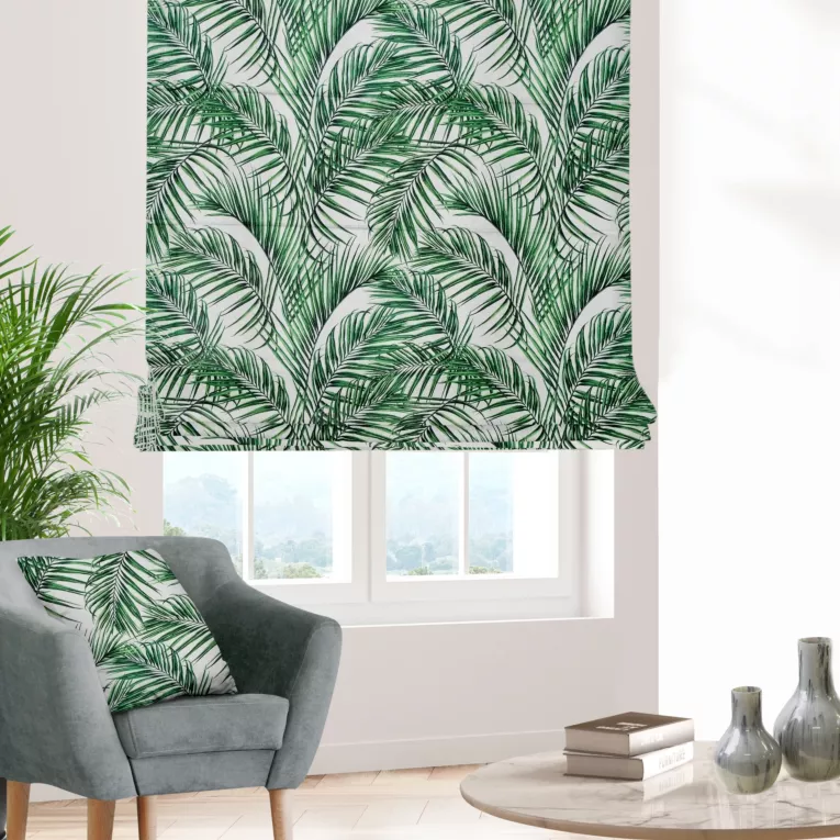 Roleta rzymska PALMAS zielona z tkaniny o naturalnym splocie w botaniczny wzór