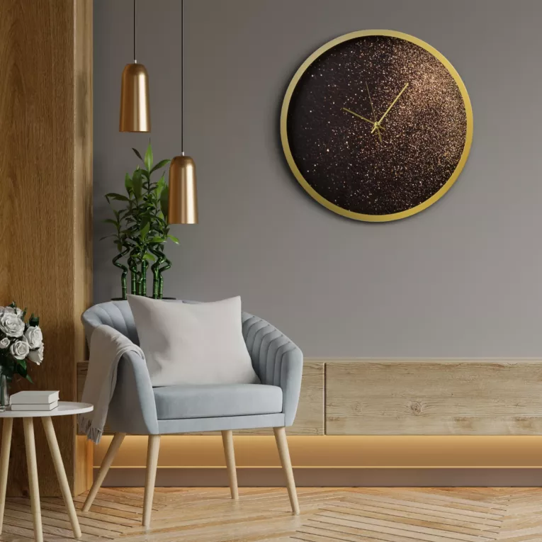 Czarny zegar ścienny zdobiony złotym brokatem 78x6 cm Eurofirany