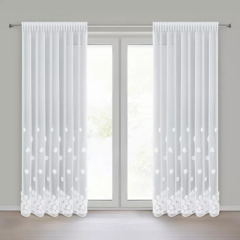 Firana biała z siateczki zdobiona trójwymiarowymi różami 140x270 cm taśma - DIANA Eurofirany