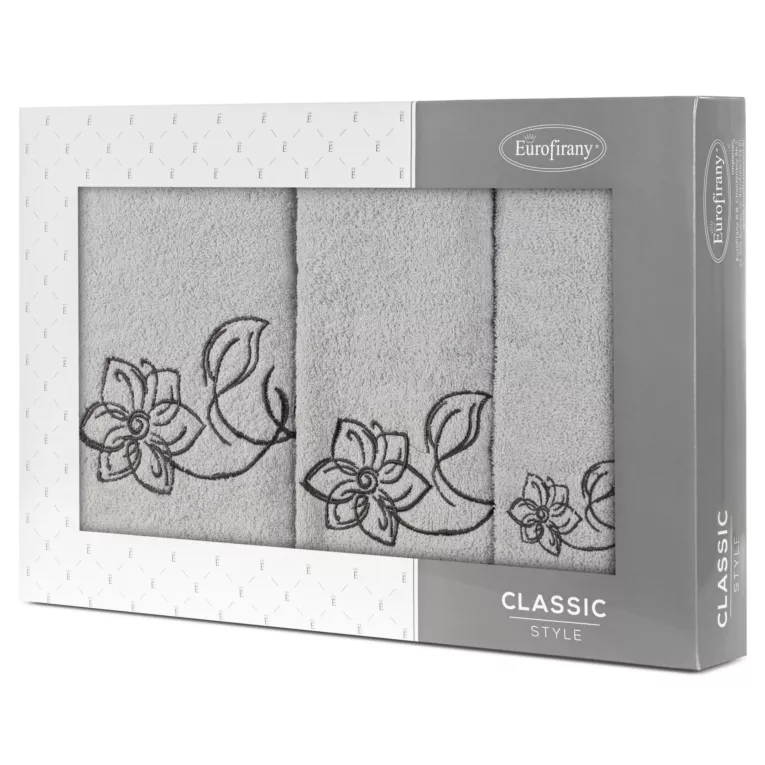 Zestaw ręczników bawełnianych 3 szt kolor srebrny, stalowy z haftem subtelnych kwiatów 400 g/m2 LILA Eurofirany