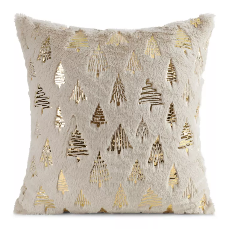Poszewka na poduszkę świąteczna 45x45 cm beżowo, złota z przyjemnego futerka zdobiona nadrukiem choinek Eurofirany