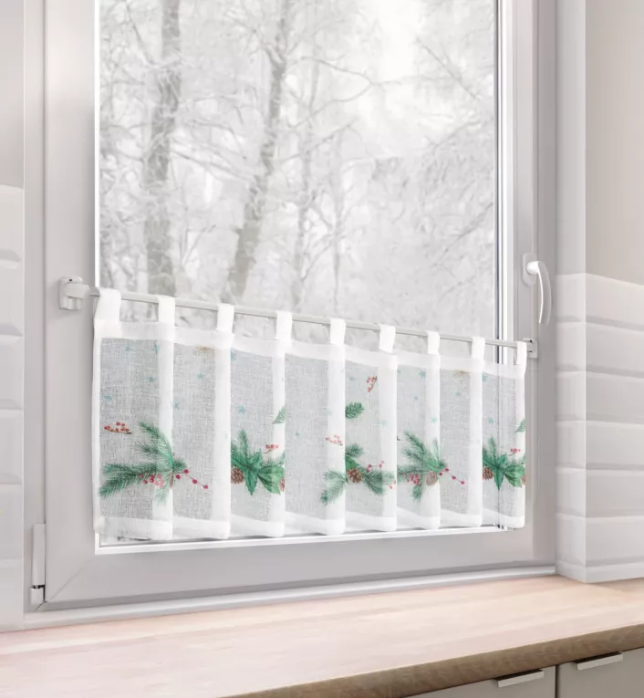 Zazdrostka świąteczna biało, zielona z etaminy zdobiona nadrukiem z motywem świątecznym 150x30 cm szelki - XMAS 4 Eurofirany