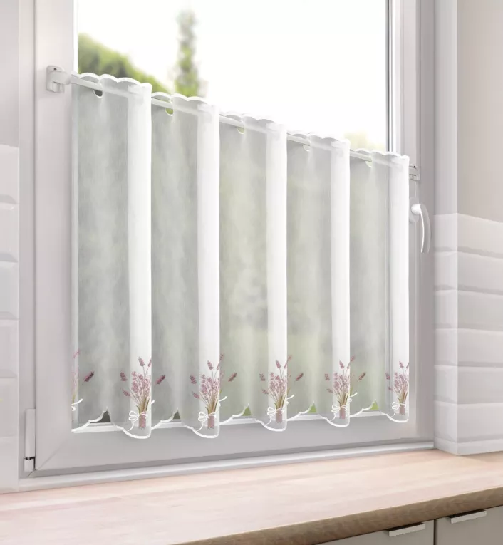 Tkanina firanowa zazdrostka z etaminy zdobiona haftem lawendy Eurofirany