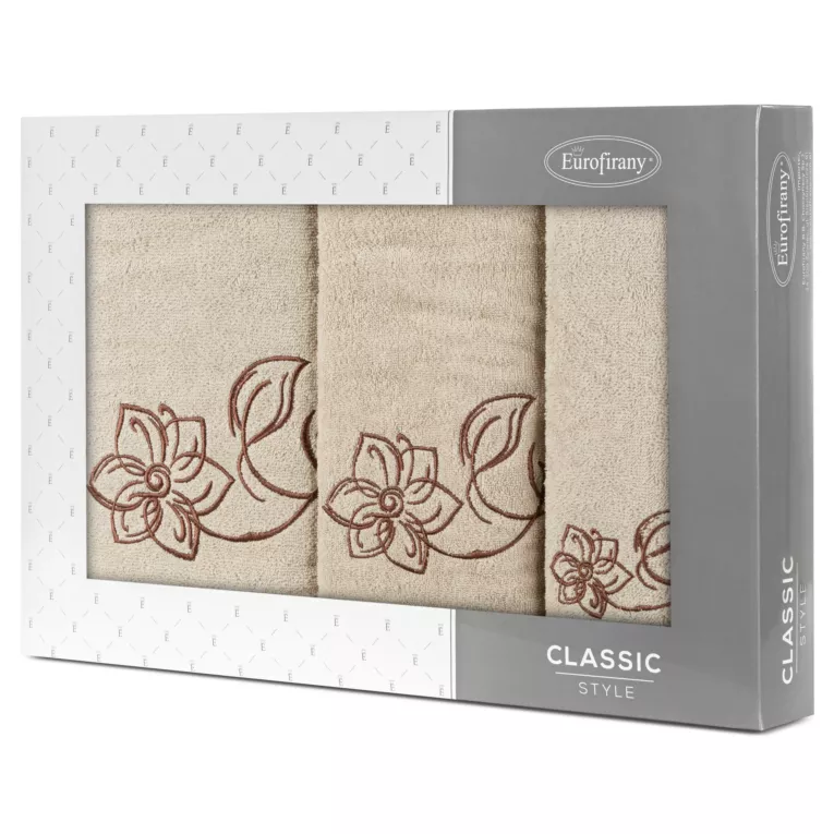 Zestaw ręczników bawełnianych 3 szt kolor beżowy, brązowy z haftem subtelnych kwiatów 400 g/m2 LILA Eurofirany