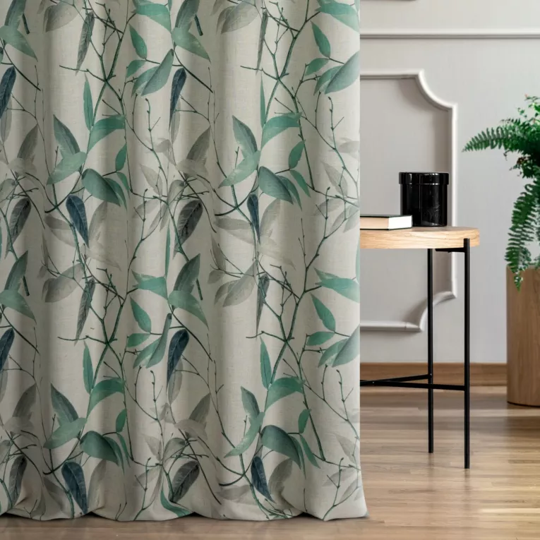 Tkanina zasłonowa z dodatkiem lnu zdobiona nadrukiem liści Eurofirany