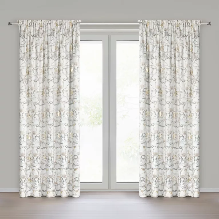 Zasłona biało, szara z welwetu zdobiona nadrukiem kwiatów i szampańskich akcentów 140x270 cm taśma - LISA Eurofirany