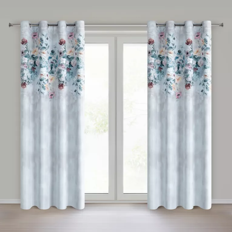 Zasłona srebrno, niebieska zdobiona motywem kwiatów 140x250 cm przelotka - VIOLA Eurofirany