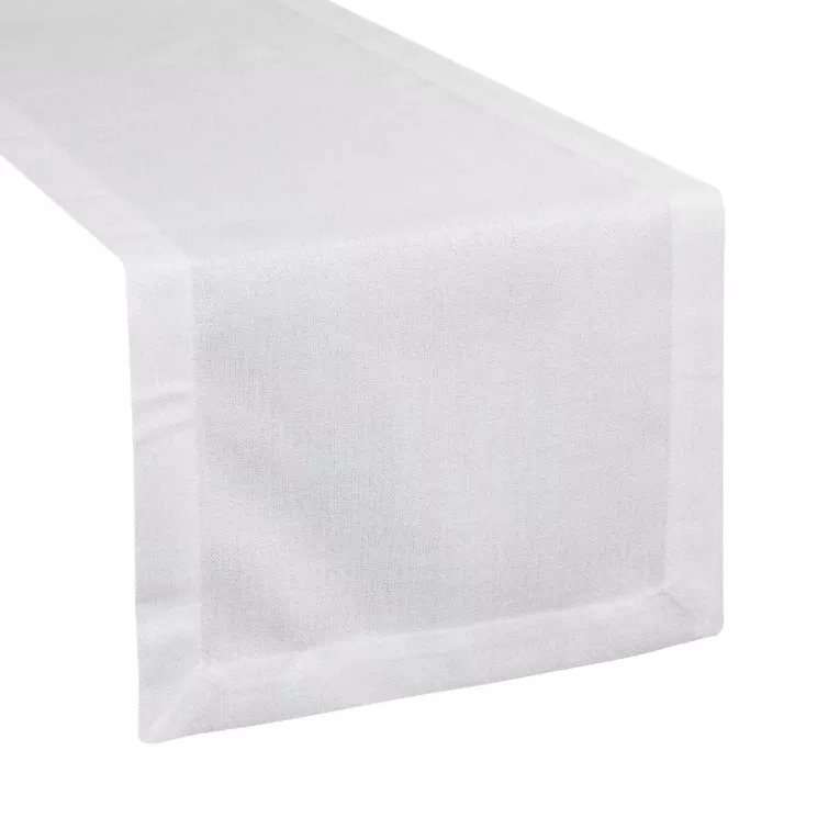 Bieżnik na stół biały 40x140 cm z tkaniny przypominającej płótno STELLA 2 z podwójną listwą na brzegach