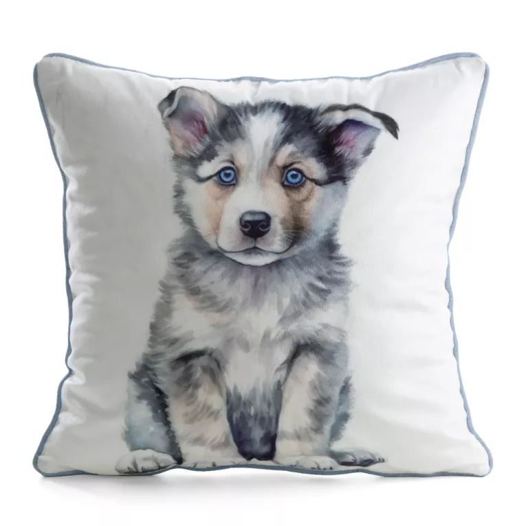 Poszewka na poduszkę 45x45 cm welwetowa biało, szara z motywem psa ANIMAL 83 Eurofirany