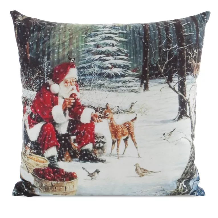 Poszewka na poduszkę świąteczna 45x45 cm zielono, czerwona zdobiona nadrukiem Mikołaja Eurofirany