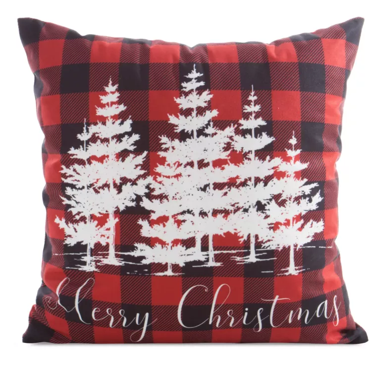 Poszewka na poduszkę 45x45 cm welwetowa czerwono, biała zdobiona świątecznym nadrukiem choinek  Eurofirany
