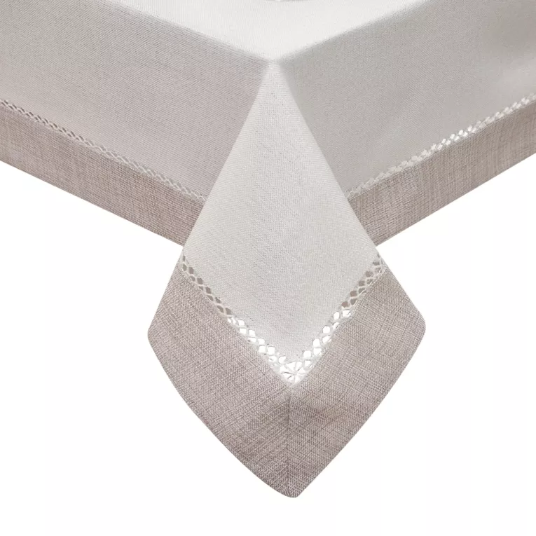 Obrus biało, srebrny 145x240 cm EMMA z mereżką i ozdobną listwą