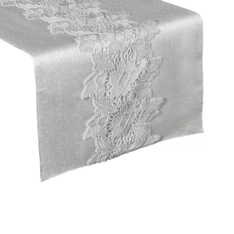 Bieżnik naturalno-srebrny TAMI zdobiony szarfą z gipiury Eurofirany