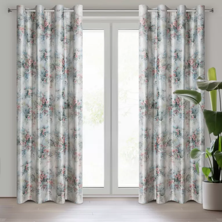 Zasłona kremowo, różowa w kwiaty z welwetu 140x270 cm przelotka MARISA Eurofirany