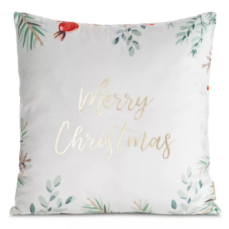 Poszewka na poduszkę świąteczna 45x45 cm welwetowa biało, zielona zdobiona nadrukiem Eurofirany