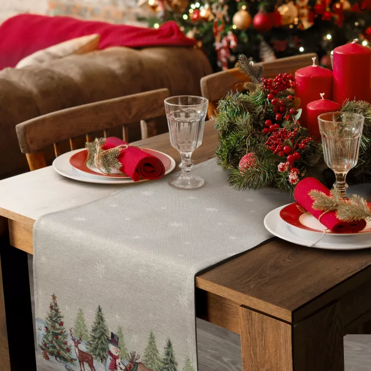 Bieżnik na stół naturalno, srebrny 40x100 cm gobelinowy z motywem zimowej wioski