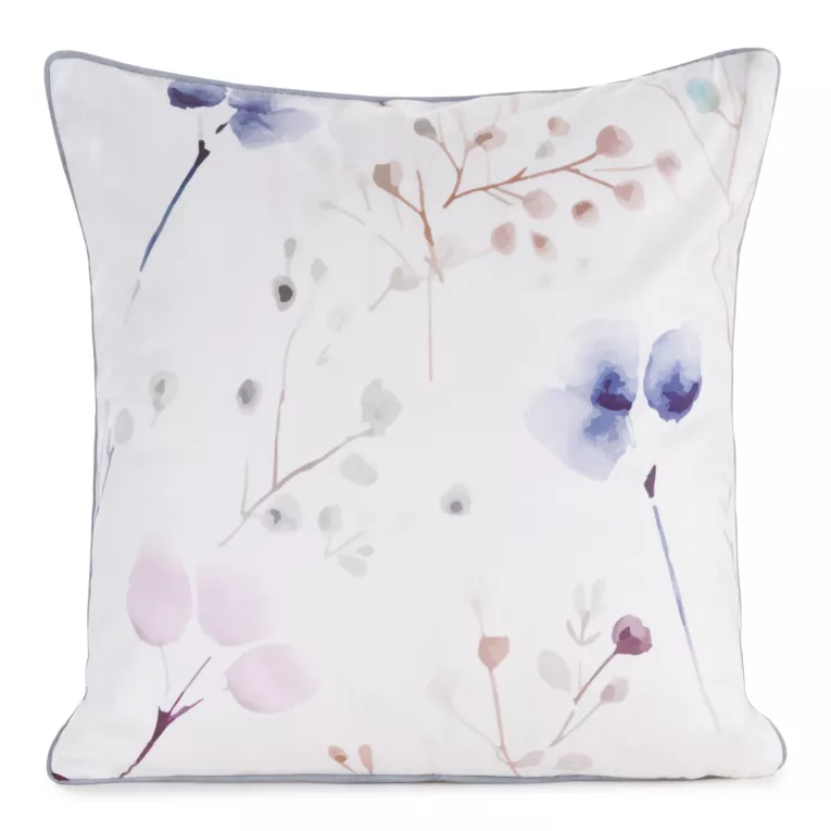 Poszewka na poduszkę 45x45 cm welwetowa z nadrukiem pastelowych kwiatów i ozdobną kontrastującą wypustką biało, beżowa VELVET 148 EUROFIRANY PREMIUM