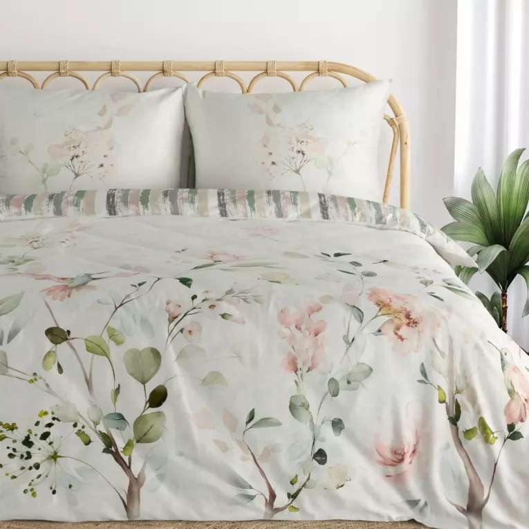 Pościel 160x200 cm bawełniana makosatyna kolor biały, zielony z motywem roślinnym INEZ Eurofirany Premium