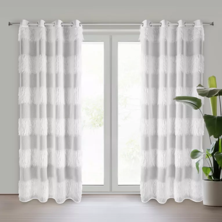 Firana biała z etaminy zdobiona pasami i moherową nicią 140x250 cm przelotka MARGARET 1 Eurofirany