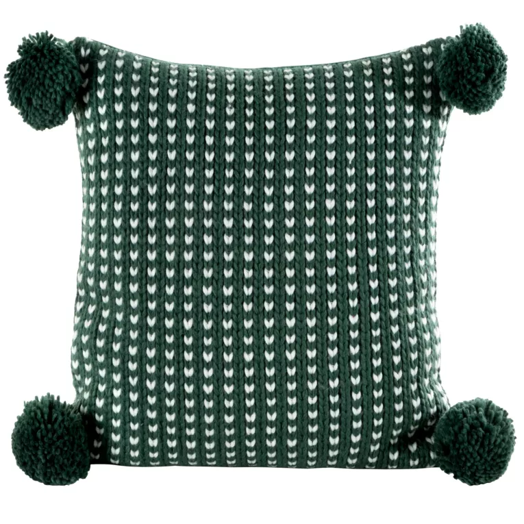 Poszewka na poduszkę 45x45 cm świąteczna o plecionej strukturze z pomponami zielono, biała Eurofirany