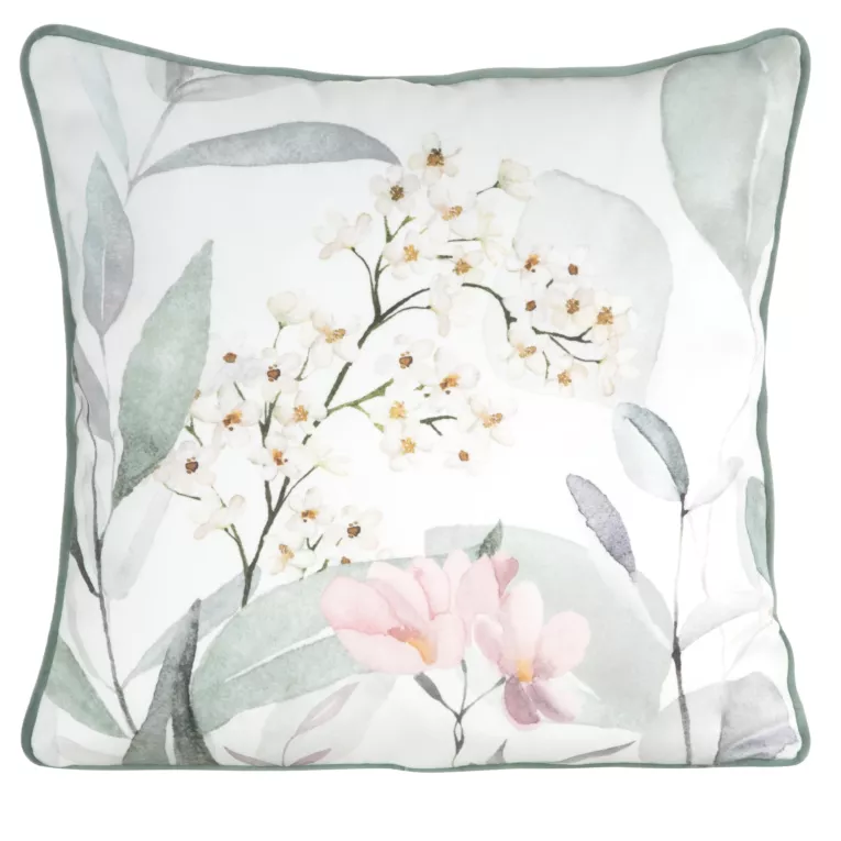 Poszewka na poduszkę dwustronna 45x45 cm welwetowa z motywem roślinnym z wypustką na brzegach biało, zielona JULIET EUROFIRANY PREMIUM
