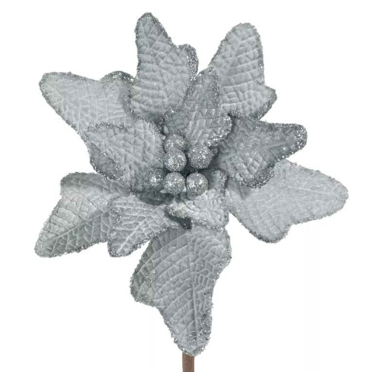 Ciemny srebrny  kwiat dekoracyjny na choinkę z brokatem 20 cm Eurofirany