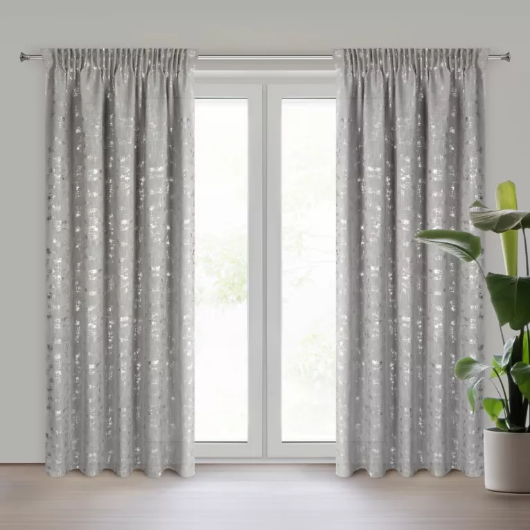 Zasłona srebrna z błyszczącym srebrzystym nadrukiem z dodatkiem lnu 140x270 cm taśma INES  Eurofirany