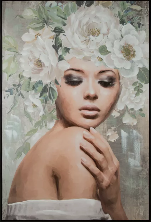 Obraz portret kobiety w nakryciu głowy z kwiatów ręcznie malowany na płótnie Eurofirany