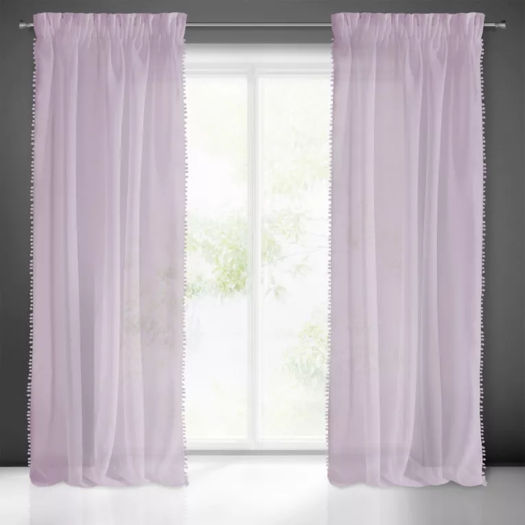 Dekoracja okienna różowa obszyta tasiemką z pomponami 140x270 cm taśma ALMINA Eurofirany