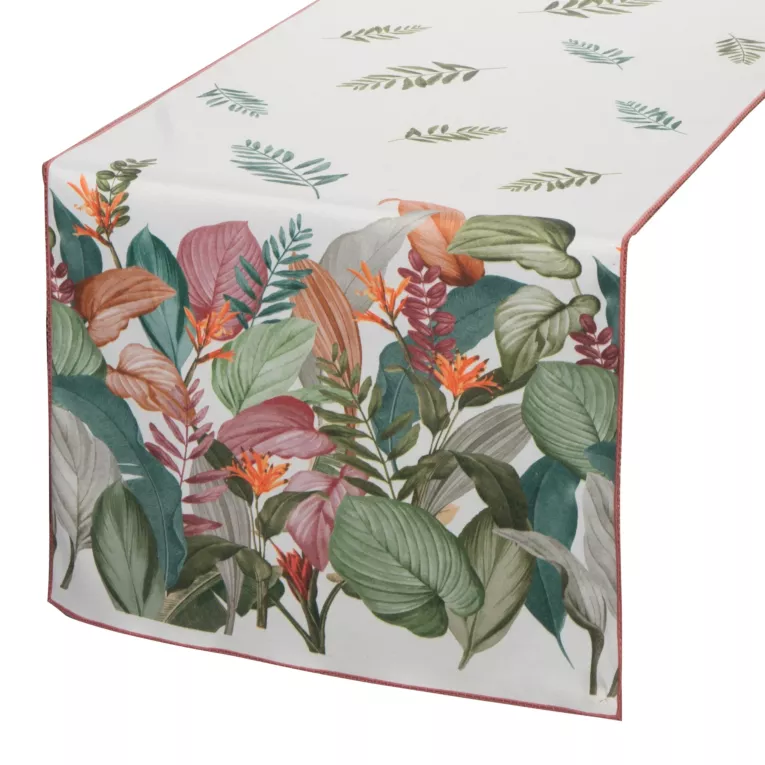 Bieżnik na stół naturalno, zielony 40x180 cm INES z nadrukowanym motywem botanicznym