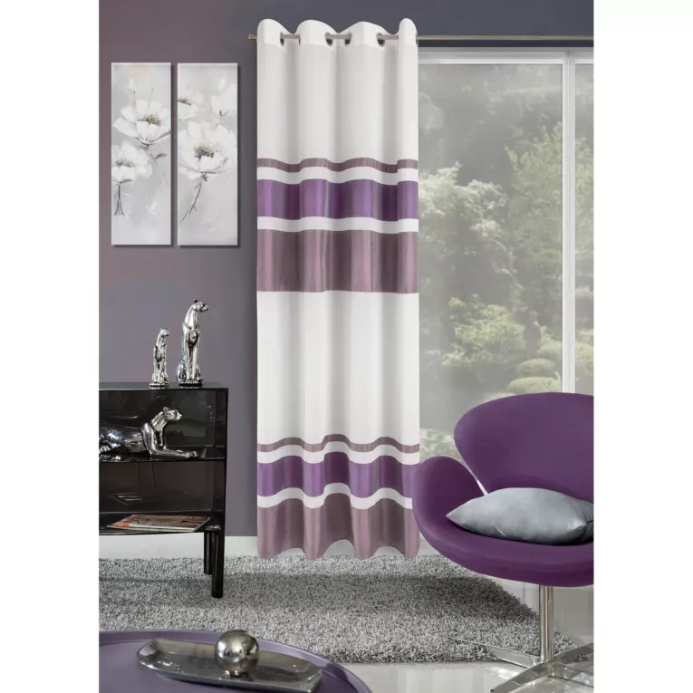 Zasłona poziome pasy nowoczesny wzór biały+fiolet przelotki 140x250cm