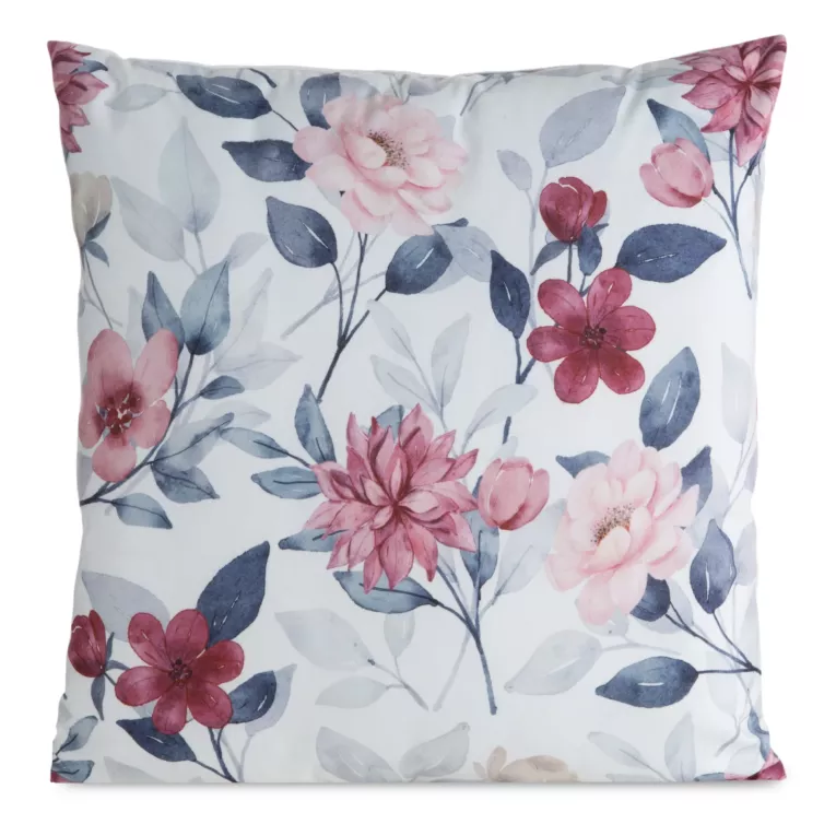 Poszewka na poduszkę 45x45 cm welwetowa zdobiona nadrukiem letnich kwiatów biało, czerwona MINK Eurofirany