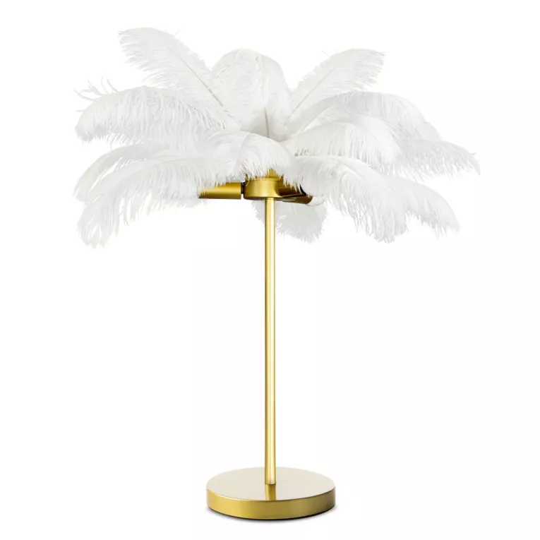 Lampa stołowa do salonu biało, złota FERI na metalowej podstawie z niezwykle efektownym abażurem z naturalnych strusich piór Eurofirany